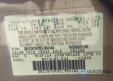 2012 Nissan Versa 1.6 Sv from USA, damaged, VIN 3N1CN7AP0CL904184